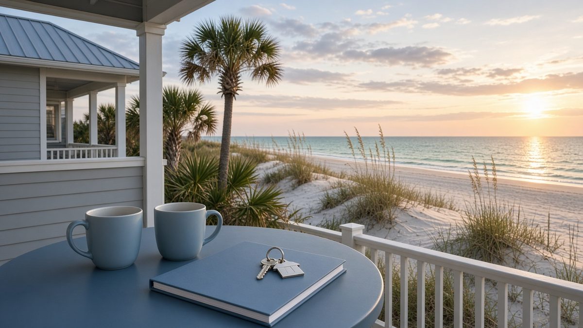 Best mortgage lender in Gulf Breeze and Navarre: coastal porch with two mugs, a folder and house keys overlooking dunes, sea oats and the Gulf