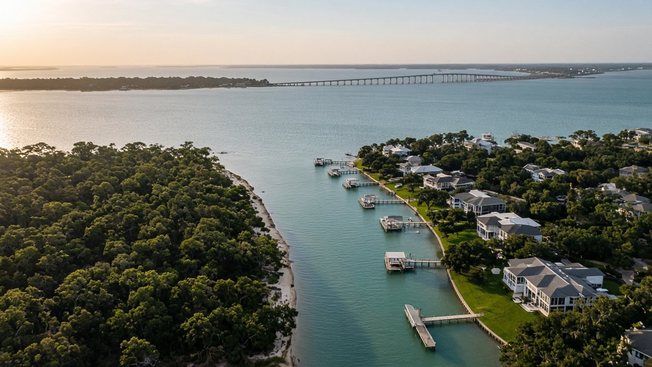 Buying a home in Gulf Breeze, FL: aerial view of waterfront homes with docks beside a live oak forest and the bay bridge at sunset