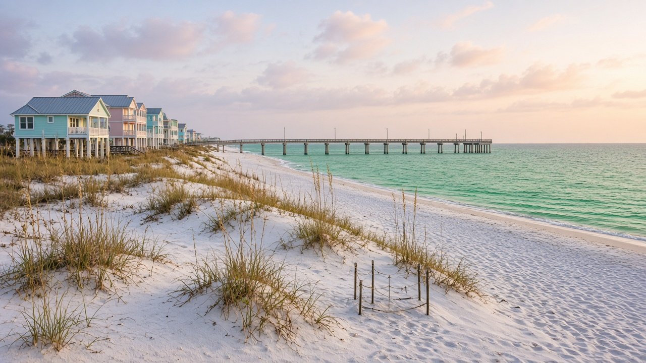 Navarre FL homes: pastel beach houses on stilts behind sea-oat dunes with the long Navarre Beach fishing pier at sunrise