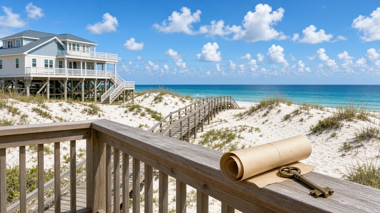 Pensacola Beach leasehold homes: raised beach house beyond the dunes with a rolled lease document and brass key on a deck railing