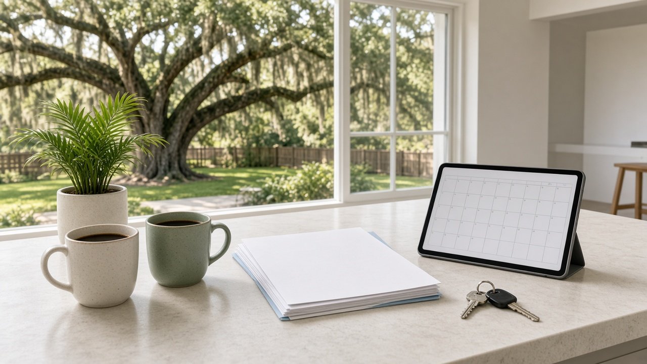 Realtor and lender team in Pensacola: two coffee mugs, closing papers, a calendar tablet and new house keys on a kitchen island